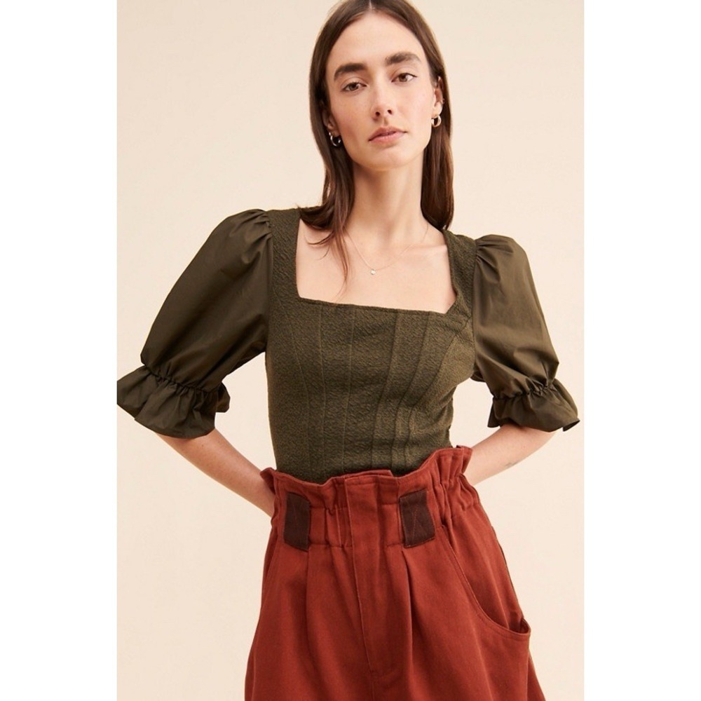 Anthropologie Sunday in Brooklyn Tie-Back Corset-look Top Medium Olive